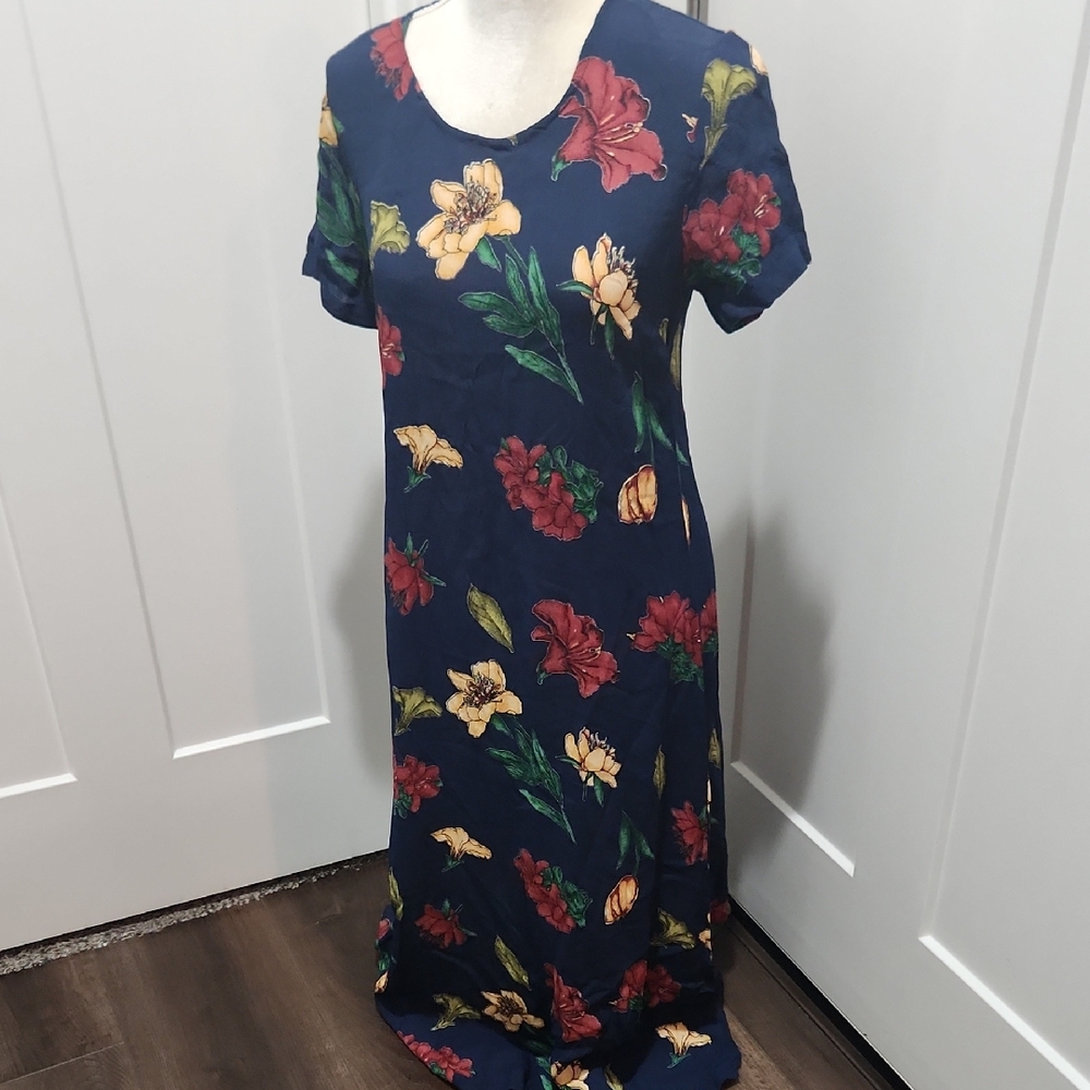 VTG Floral Print Navy Dress Midi  Short Sleeve MEDIUM